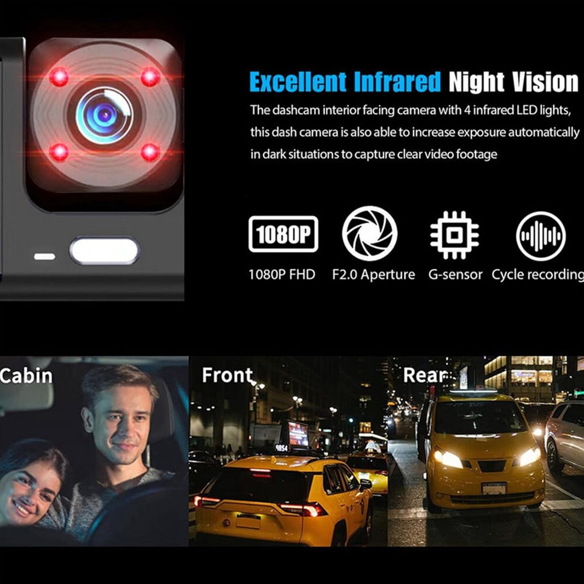 Dashcam - Dual lens 1080p - HD video recorder, wide viewing angle - Loop recording - For safety while driving, parking and traveling — image 2