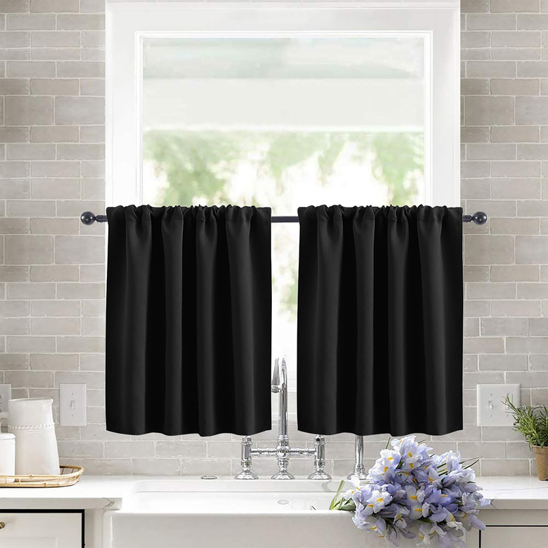 2 Pack Blackout Kitchen Curtains Black, 132 x 46 cm