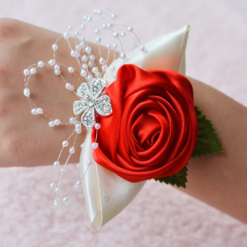Fashionable wedding bridesmaid wrist flower bust party hand flower decoration with artificial pearl bead wristband red — image 2