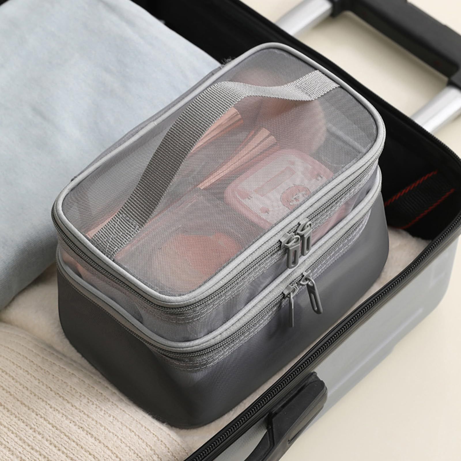 Double Layer Travel Makeup Bag Mesh Bag for Women,Travel Essentials Toiletry Bag Makeup Organizer Large Capacity Zipper Cosmetic — image 4