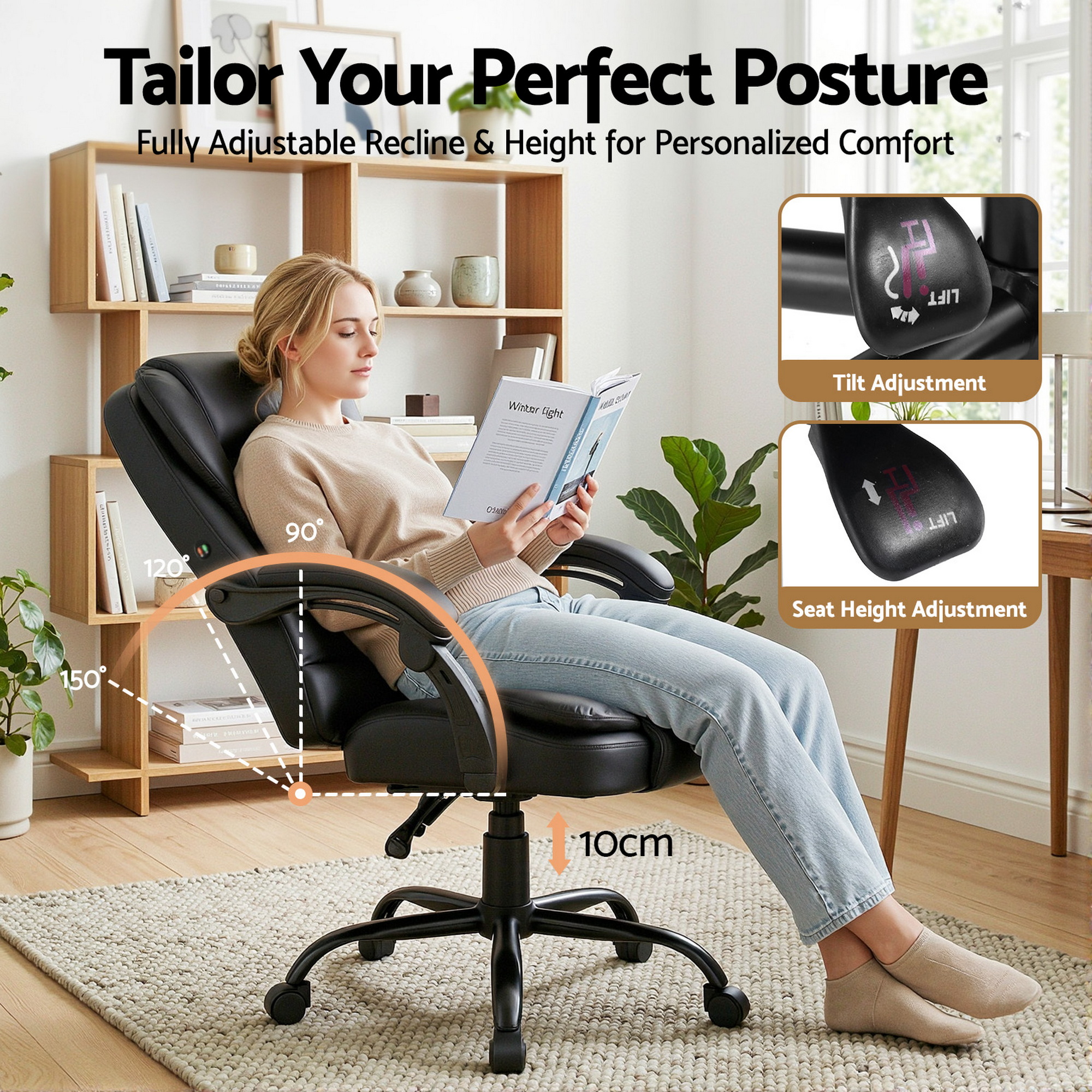 Artiss Massage Office Chair Executive Computer Gaming Chairs Black PU Leather โ image 5