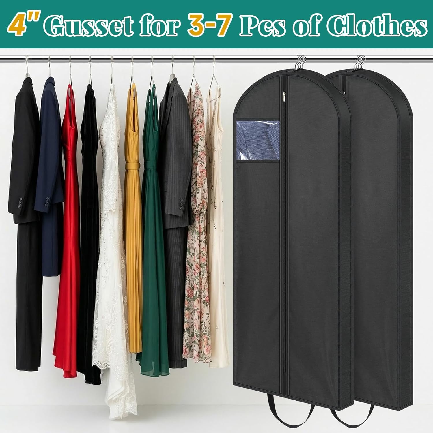 65" Long Garment Bags for Travel, Dress Hanging Clothes, Wedding Cover Women, Closet Storage Gowns, Coats, Black, 4 Pack — image 4