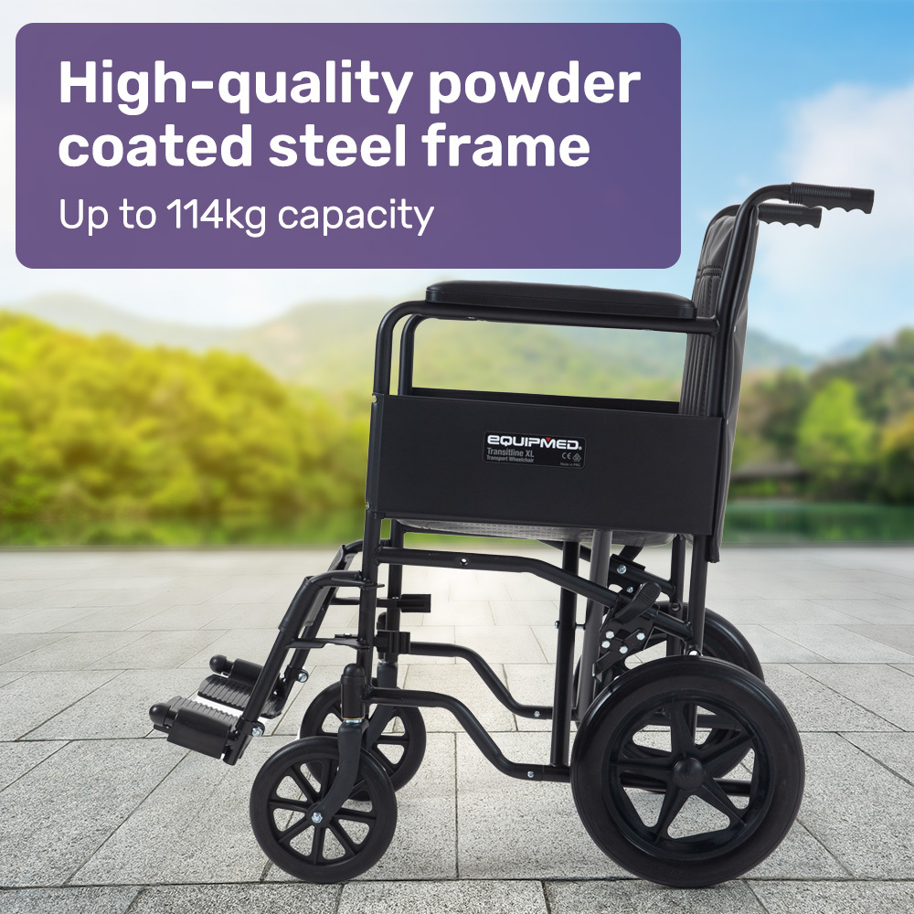 EQUIPMED Folding Transit Manual Wheelchair, Attendant Propelled, Steel Frame, Wide Seat, Comfortable for S-XL, 114kg Capacity, Park Brakes, Transport โ image 3