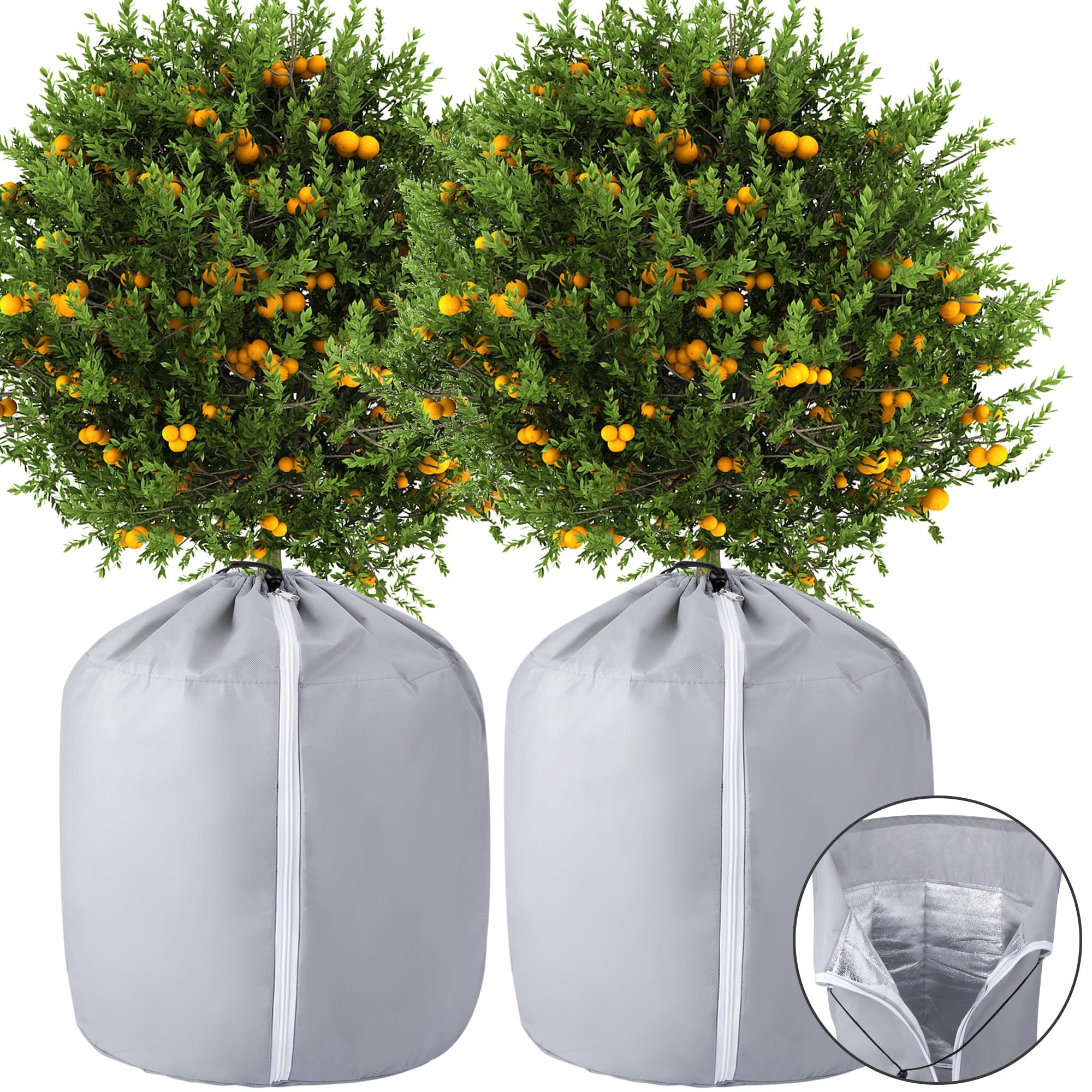 2Pcs Plant Winter Protection Pot - 45*50cm Flower Pot Protection Bag - Anti-Frost Winter Pot Plant Cover with Drawstring and Zipper for Winter Outdoor Fruit
