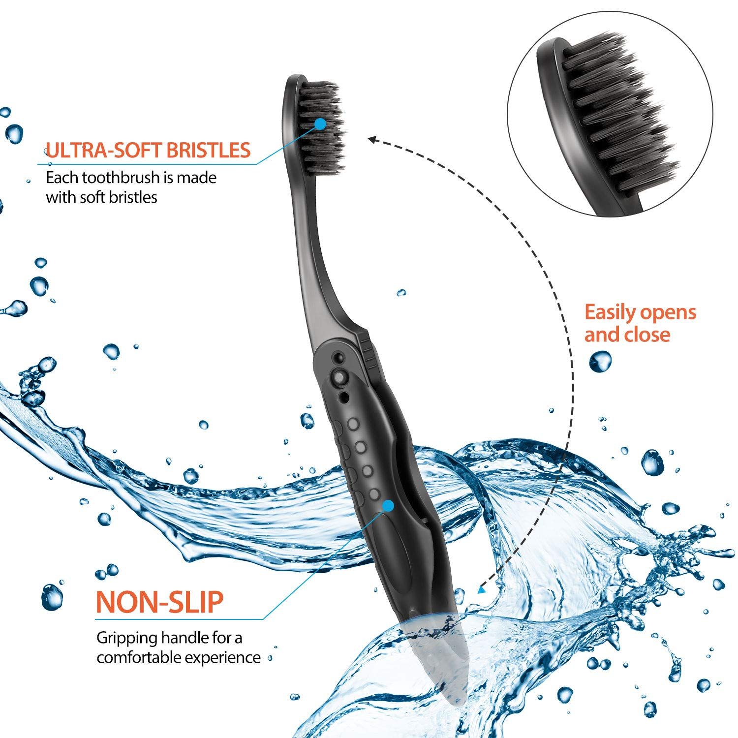 8 Packs Travel Toothbrushes Individually Wrapped Black Folding Toothbrush for Travel Camping Portable Charcoal Toothbrush with — image 4