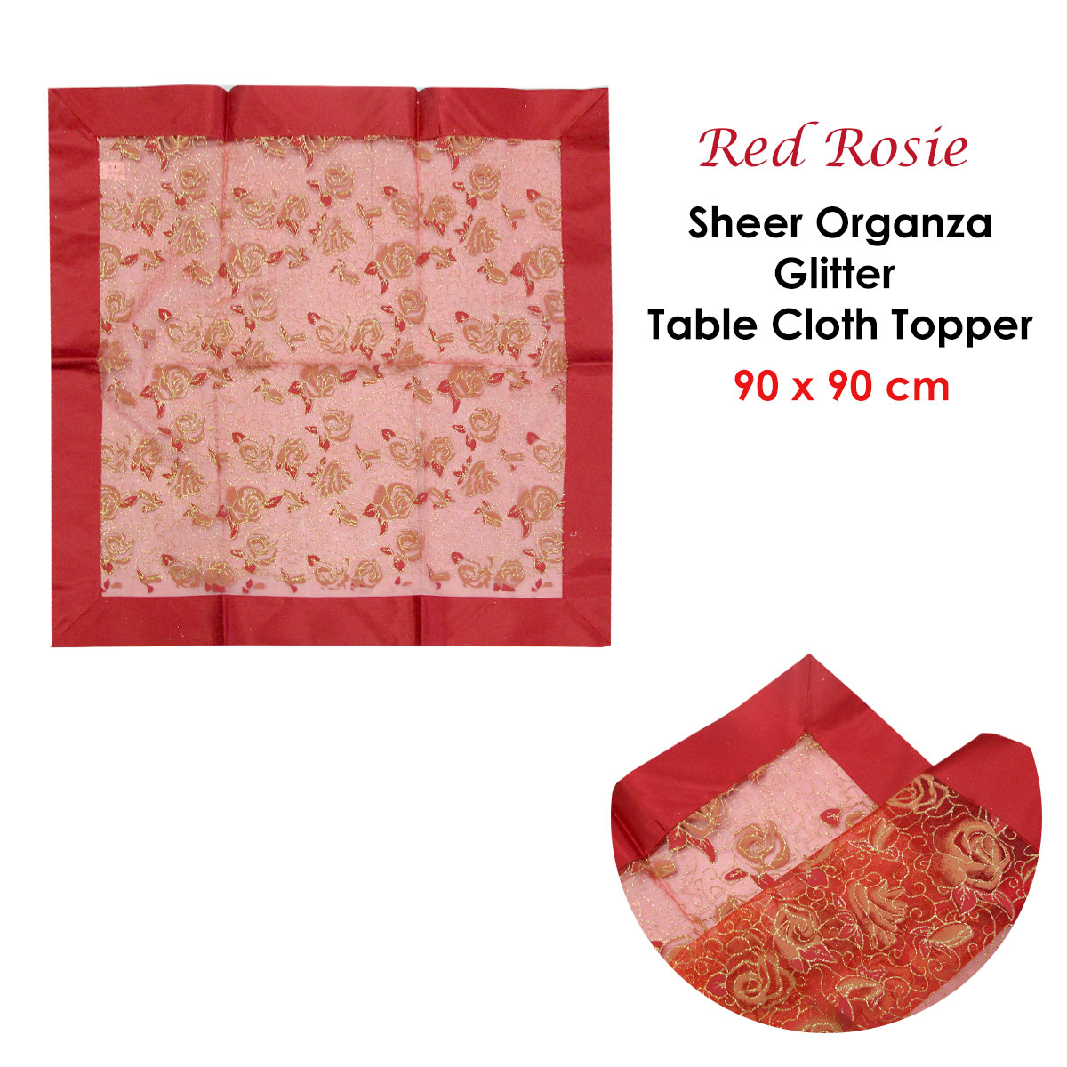 Christmas Red Rosie Sheer Organza Glitter Table Cloth Topper 90 x 90 cm โ image 2