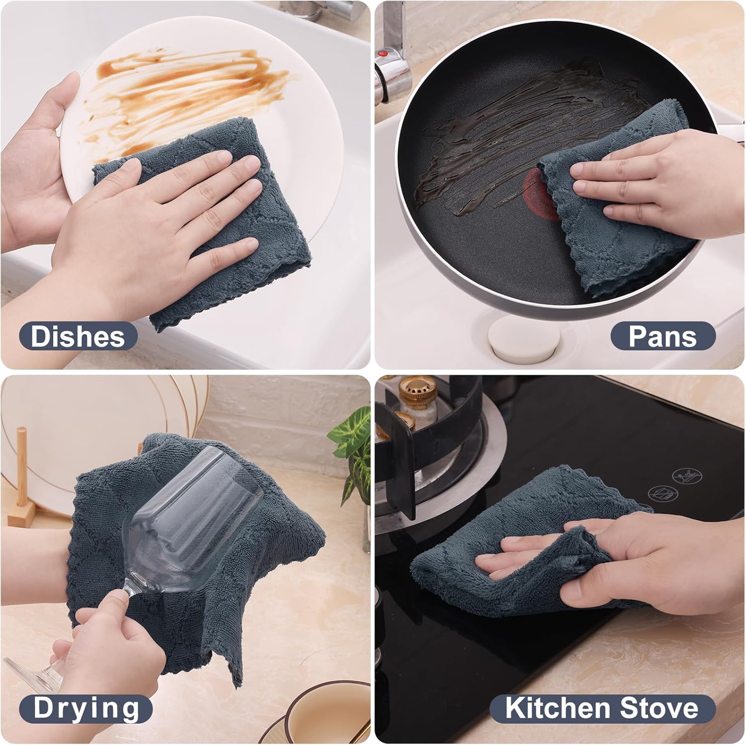 Homaxy Kitchen Towels 16 Pack, 100% Cotton Terry Checkered Black, 13 x 28 inches & 12 Pack Coral Velvet Dish Towels 10 x 10 Inches, Dark Grey โ image 4