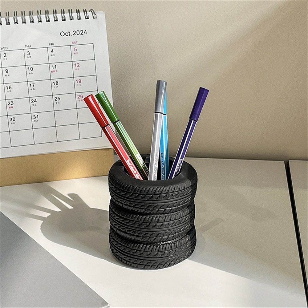 Tire Shaped Pen Holder for Desk, Novelty Office Decor, Tabletop Pencil Holder, Black Pen Organizer with Base, car enthusiasts Mechanic Present โ image 3