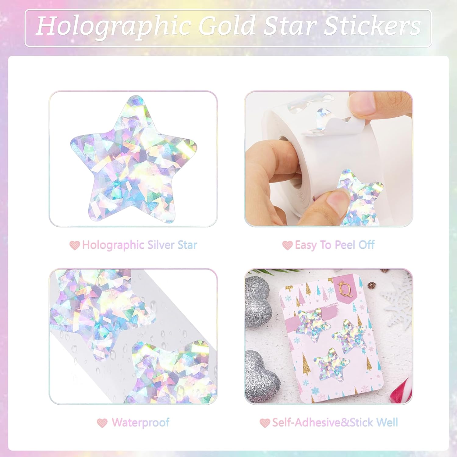 Holographic Silver Star Stickers for Kids Reward - 500Pcs 1.5Inch Shiny Self-Adhesive Metallic Glitter Foil Stickers for DIY Homework School Classroom Teacher โ image 3