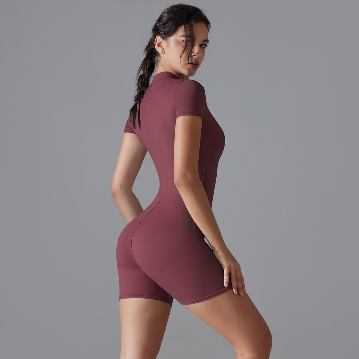 Dark Red Size S Women's Summer Zip-Up Bodysuit - Short Sleeve, High Stretch Yoga & Dance Outfit, Breathable Fitness Wear โ image 5