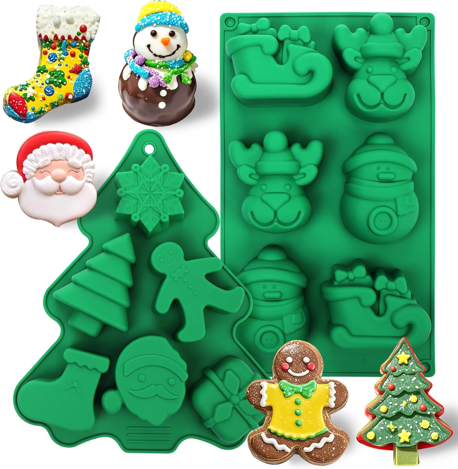 Christmas Silicone Molds, 12 Cavities Christmas Chocolate Mold Deep, 3D Christmas Trees Christmas Stockings Gingerbread Man Silicone Molds for Baking Chocolate