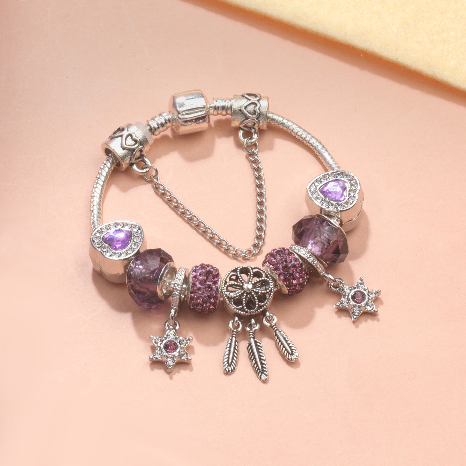 Purple Crystal Beaded Charm Bracelet with Star & Dreamcatcher Pendant, Rhinestone-Embedded DIY Alloy Bracelet(18cm) โ image 3