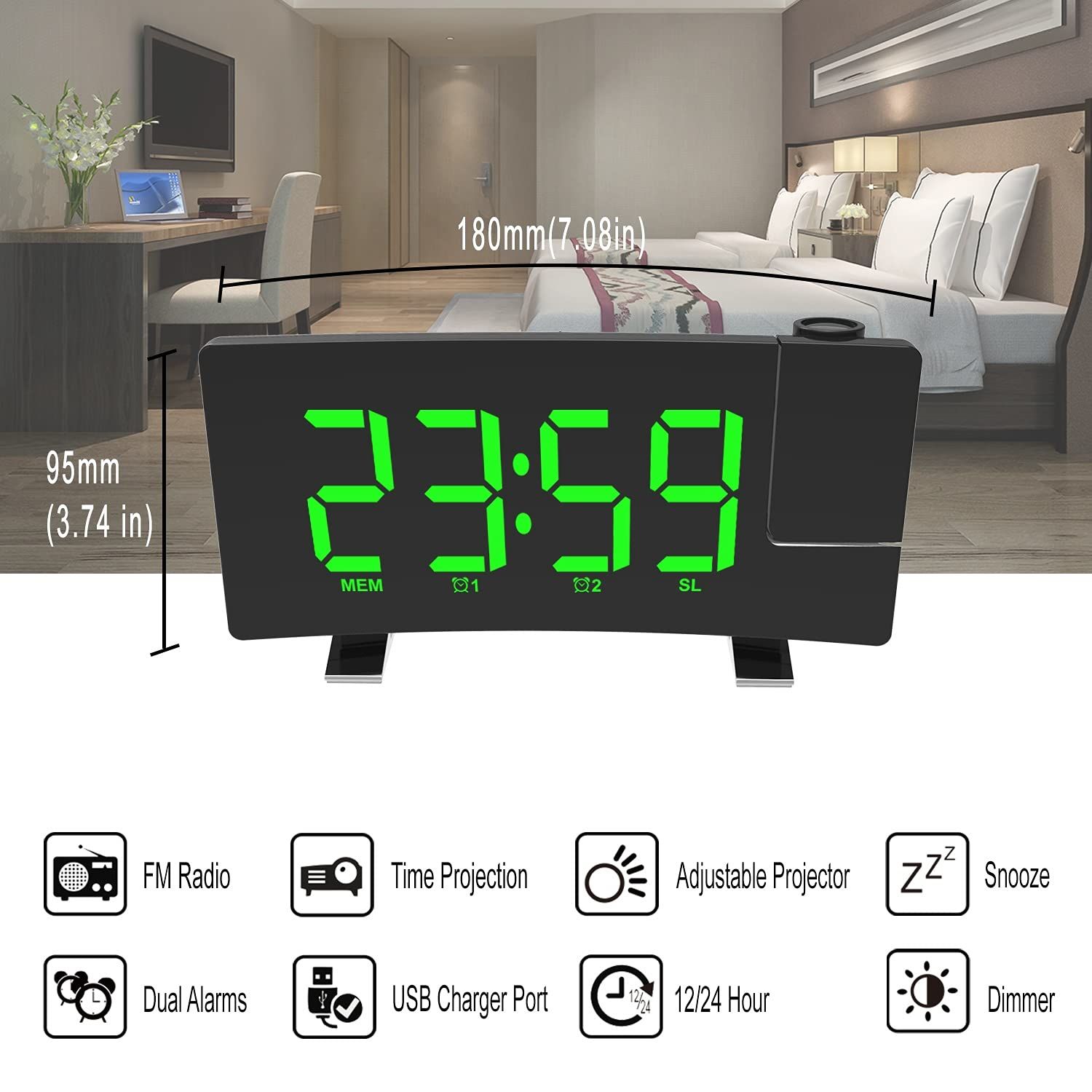 Projection Alarm Clocks for Bedrooms with Radio, USB Charging Port, Auto Dimmer, Dual Alarm Clock for Heavy( Color: Green Text ) — image 2