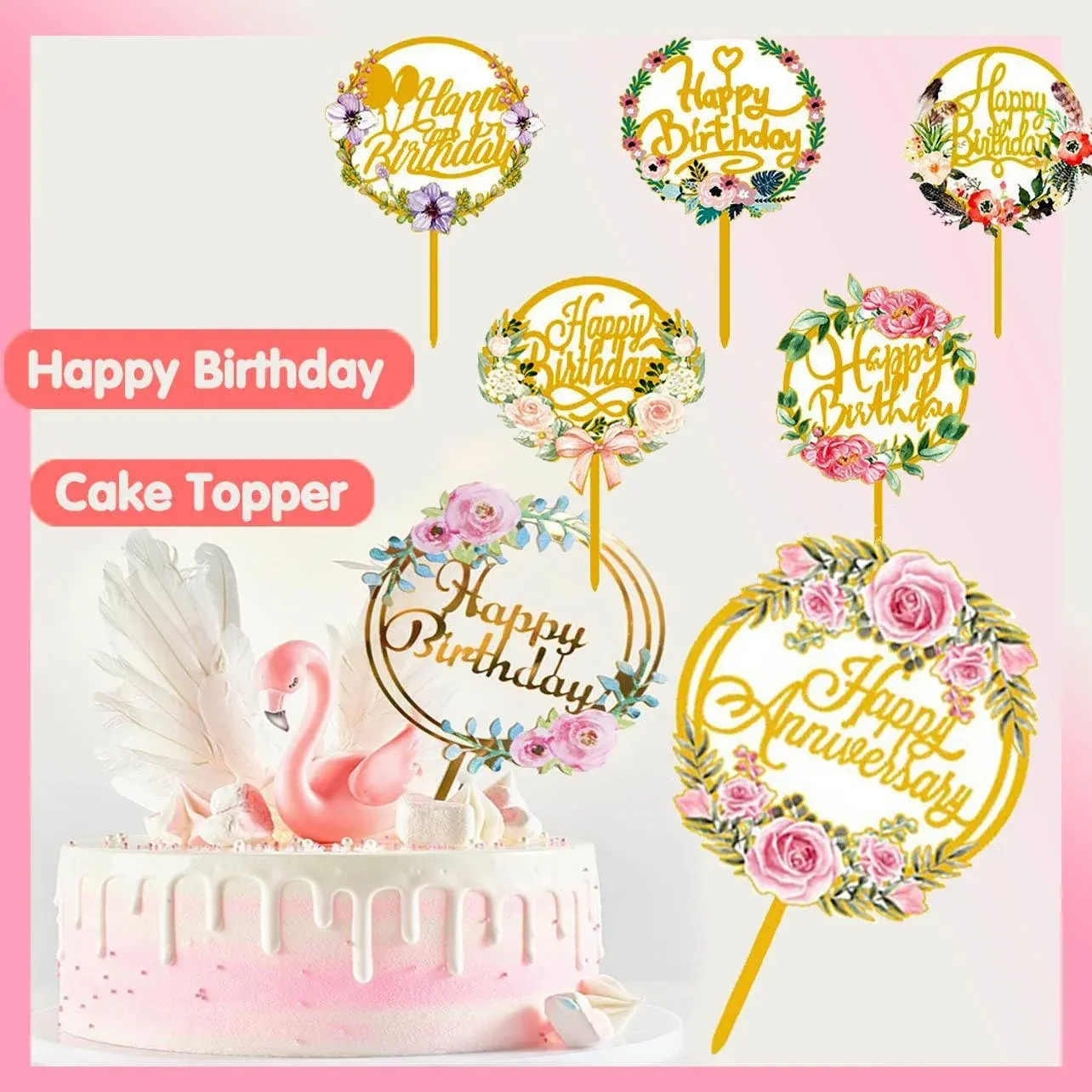 Happy Birthday Anniversary Wedding Cake Flowers Topper Acrylic Party Decorations - NO.08 โ image 2