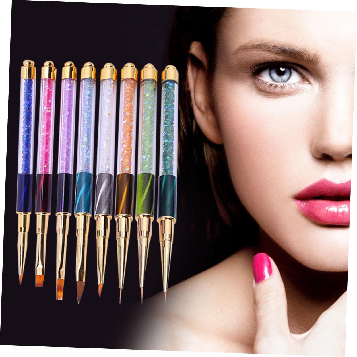8pcs Rhinestone Handle Nail Pen Nail Art Liner Brush Nail Art Pens Glitter Nail Brushes Gradient Nail Painting Pen Nail Painting — image 5