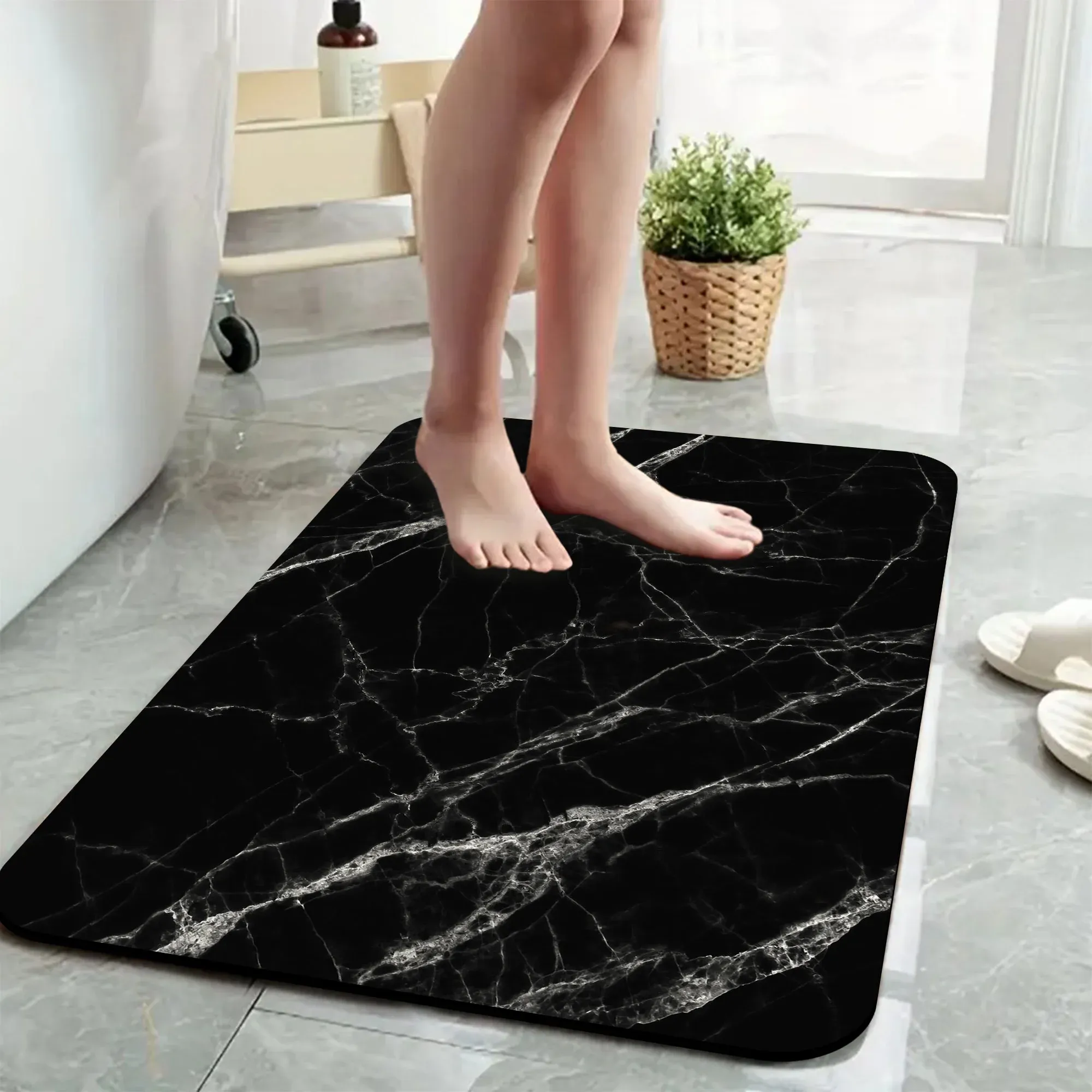 1 Piece Marble Texture Bathroom Rug, Non-Slip Quick Dry Bath Mat for Tub, Shower, Floor and Indoor Outdoor Use, Black — image 2