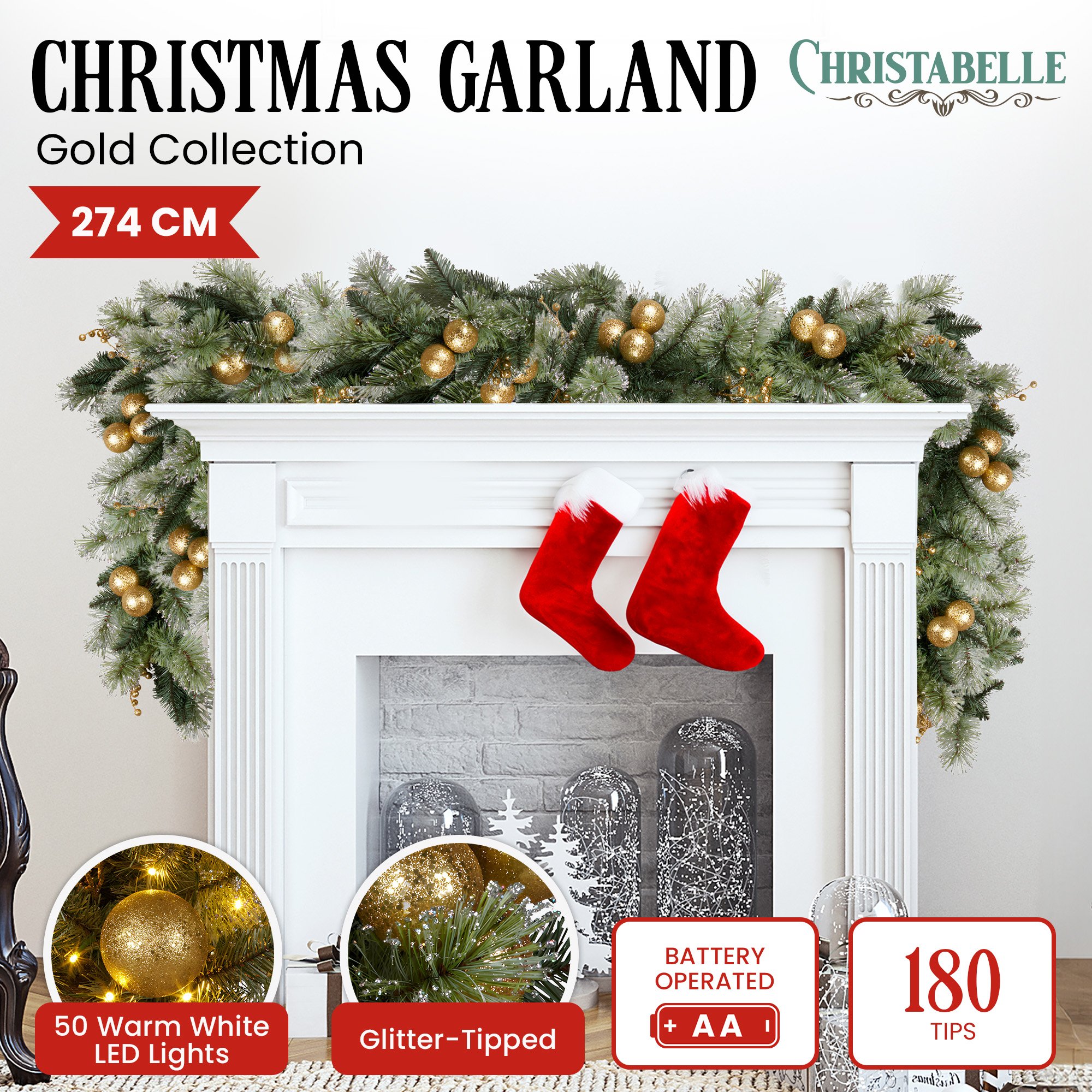 Christabelle 2.7m Christmas Garland with Gold Baubles and LED Lights Mantle Decoration Ornament — image 2