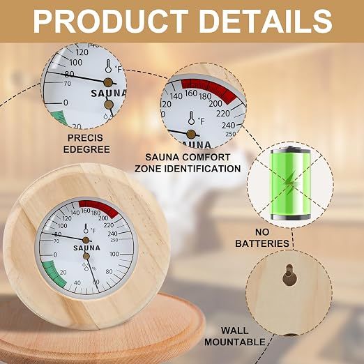 Sauna Thermometer and Hygrometer – 2-in-1 Analog Gauge, Wooden Frame Sauna Room Monitor, Easy-to-Read Wall-Mounted Sauna Accessory for Home Spa or Cabin — image 3