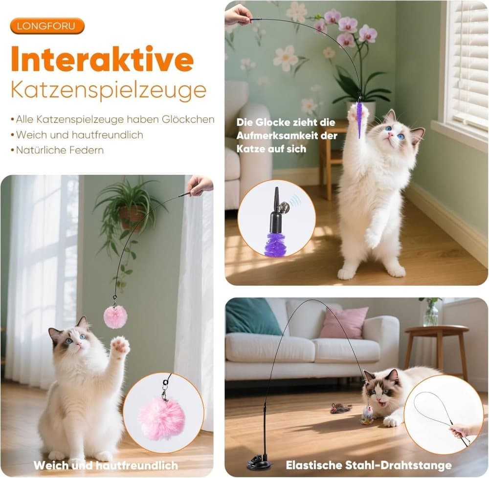 17PCS Cat Toy Set with Fishing Rod, Suction Cup, Feathers and Insects, Eco-Friendly Indoor Cat Toys — image 4