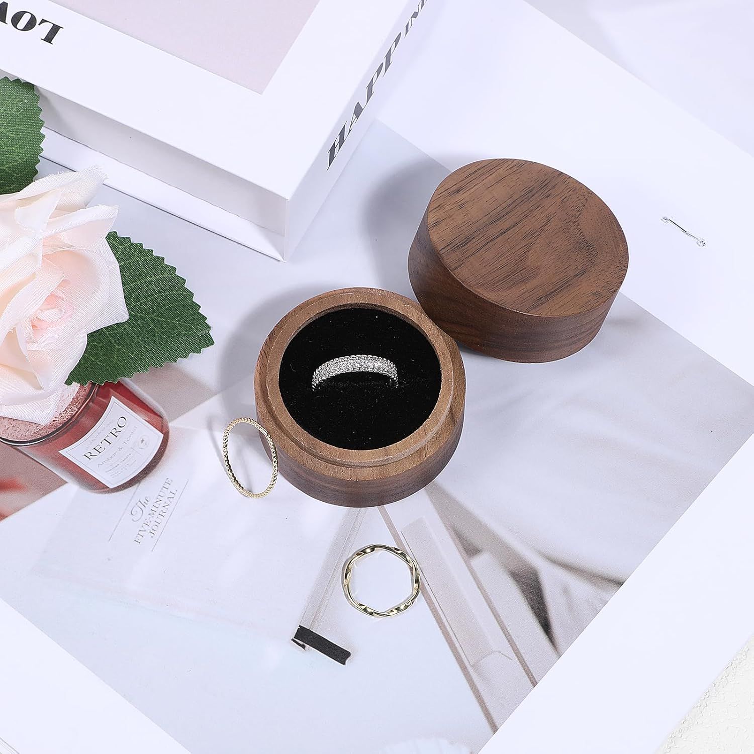 2pcs Wooden Ring Box, Men Women Mini Unique Rings Jewelry Storage Case for Proposal Wedding Engagement Ceremony Anniversary(Single slot solid wood cover) — image 4