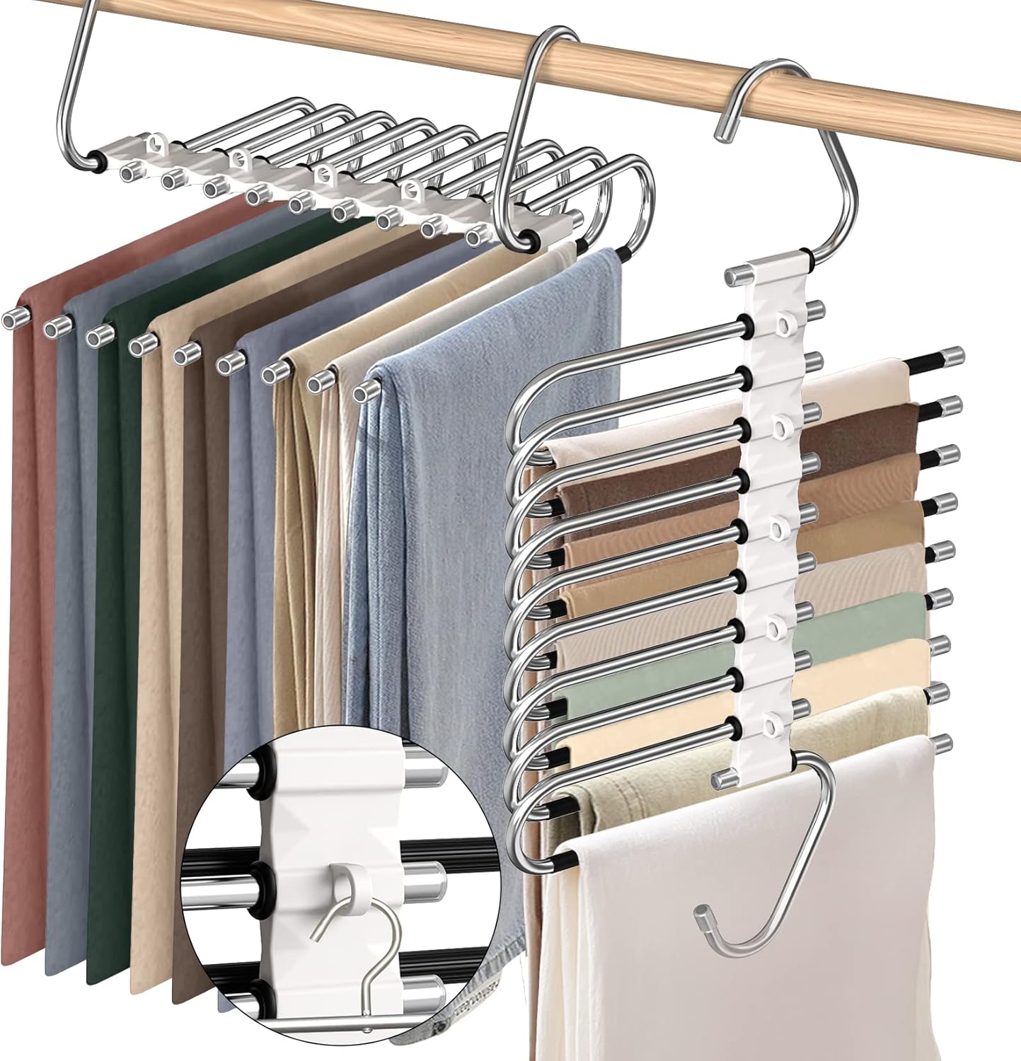9 Layers Pants Hangers Space Saving, 2 Pack Multifunctional Pant Rack Stainless Steel Closet Organizer for Pants Jeans Leggings Troers, Antiquewhite