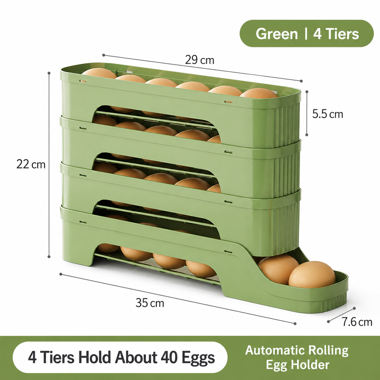 4-Tier Green Rolling Egg Storage Box - Grade PP Plastic - Automatic Dispensing, Space Saving Fridge Organizer, Detachable Design for Kitchen and