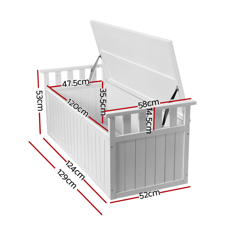 Gardeon Outdoor Storage Bench Box 129cm Wooden Garden Toy Chest Sheds Patio Furniture XL White โ image 2