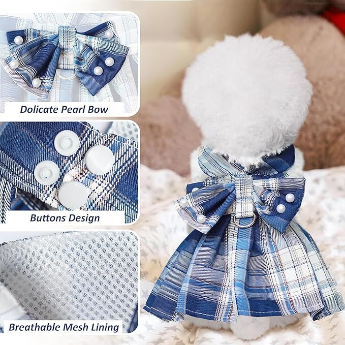 pet products Dog Dress Bowknot Harness Leash Set for Small Dogs Girl Cute Plaid Dog Dress Pearls Bow Tie Spring Summer Princess Clothes Birthday Holiday Doggie — image 4