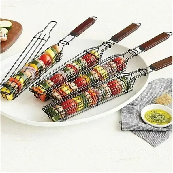 2 Pack Non-Stick Steel BBQ Grill Baskets with Locking Food Cage and Wooden Handles for Camping and Charcoal Grilling, 49 cm — image 4
