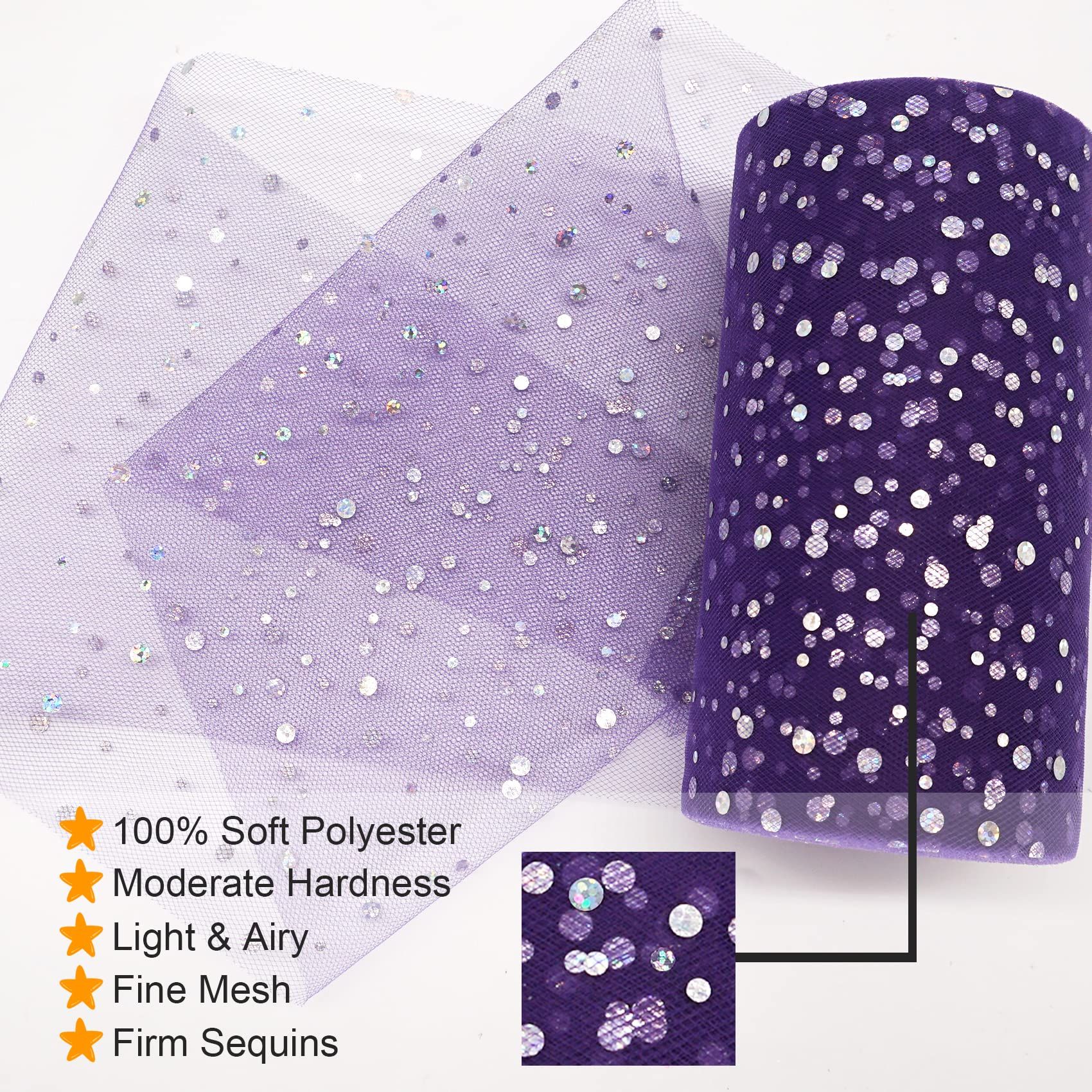 Glitter Tulle Fabric Rolls 6 Inch 50 Yards (150ft) Sparkling Ribbon Sequin Polka Dots Netting Spool, Purple โ image 3