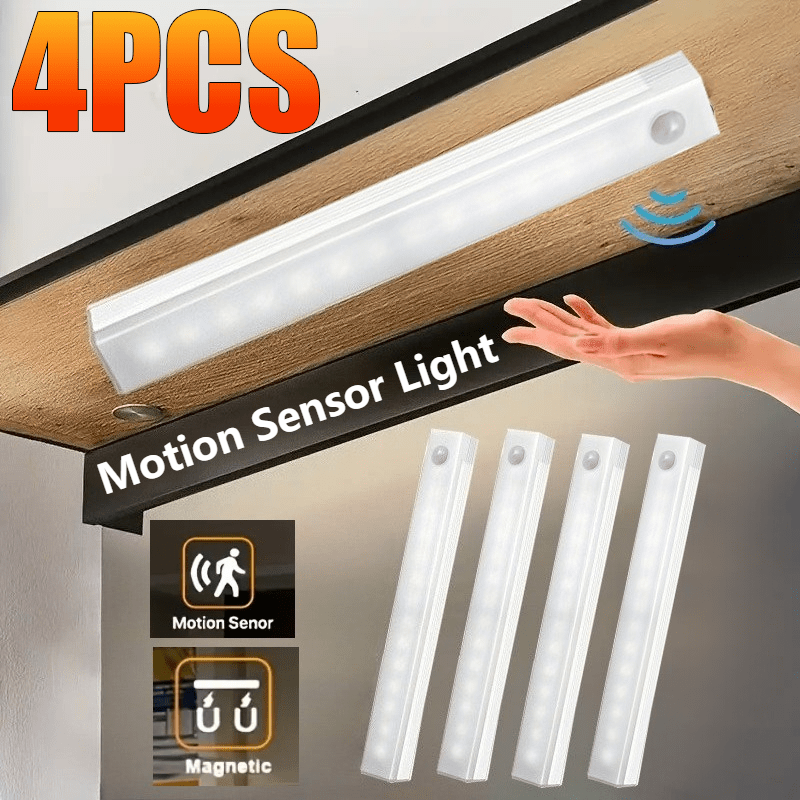 Four multi-size magnetic LED motion sensor lights (three colors adjustable), USB rechargeable cabinet light, LED motion sensor light strip, indoor motion
