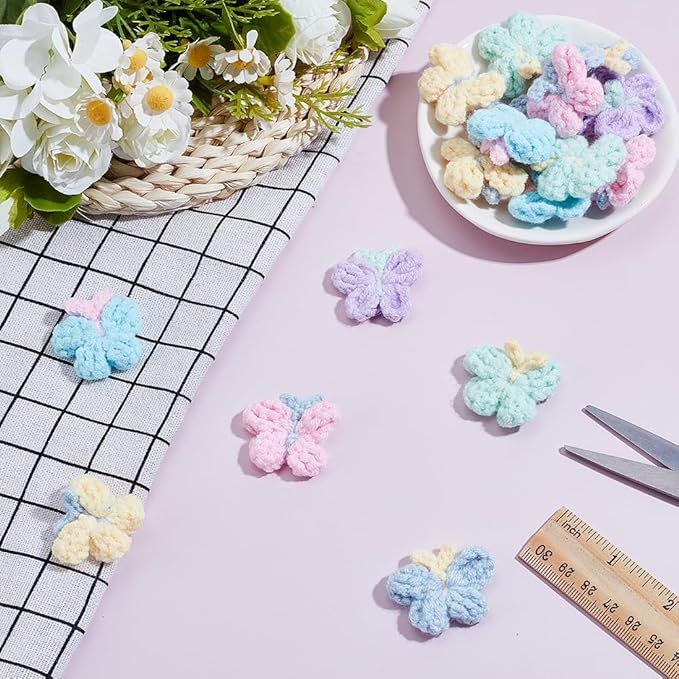 24Pcs Crochet Butterfly Applique Handmade Crocheted Butterfly Embellishments Colorful Sew On Patches Crochet Knitted Handmade Applique for Clothes, Bags Arts โ image 5