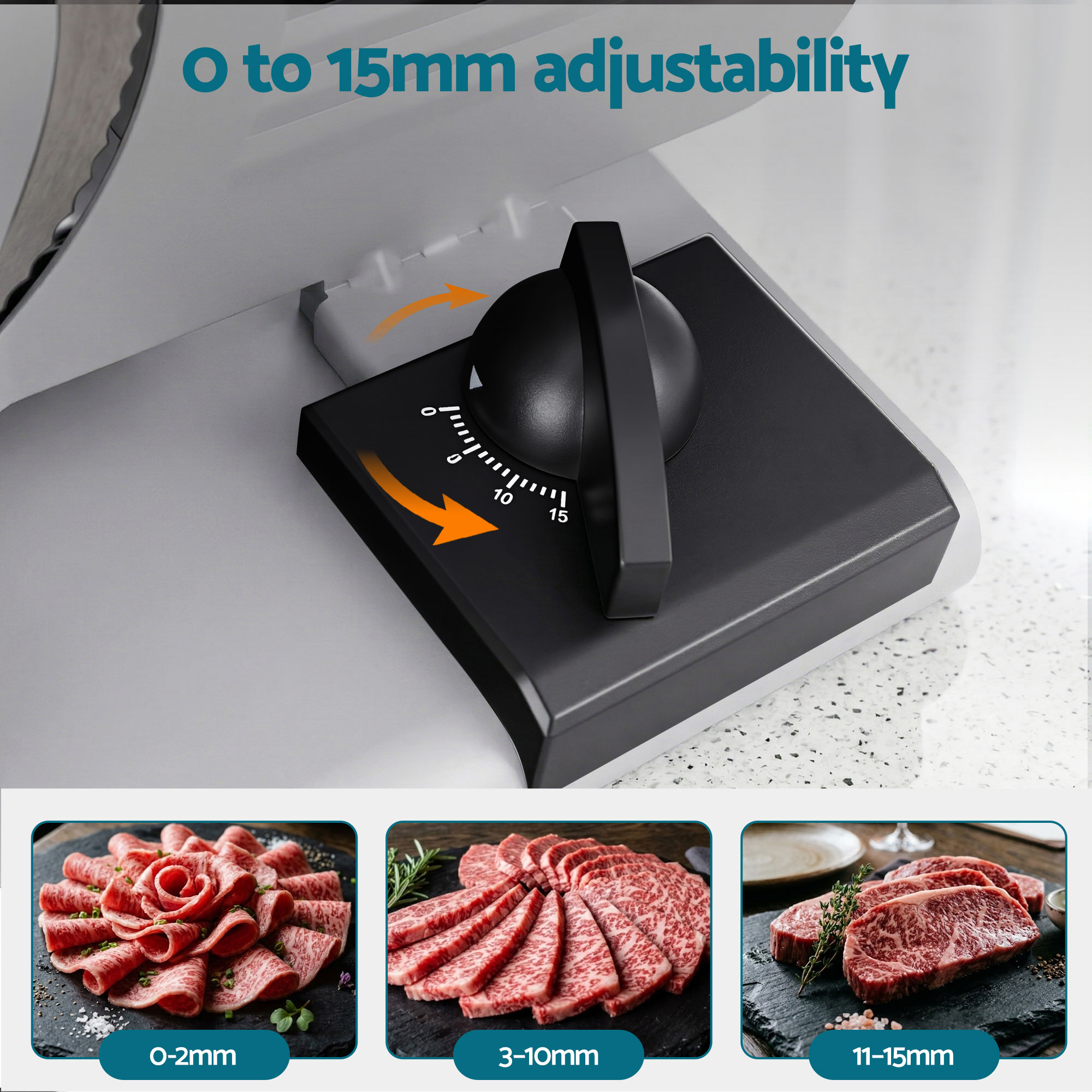 Devanti Meat Slicer Bread Vegetable, 200W Power 0-15mm Adjustable Easy Clean Stable Stainless Steel Blade Food Slicer for Kitchen Commercial, Silver — image 5