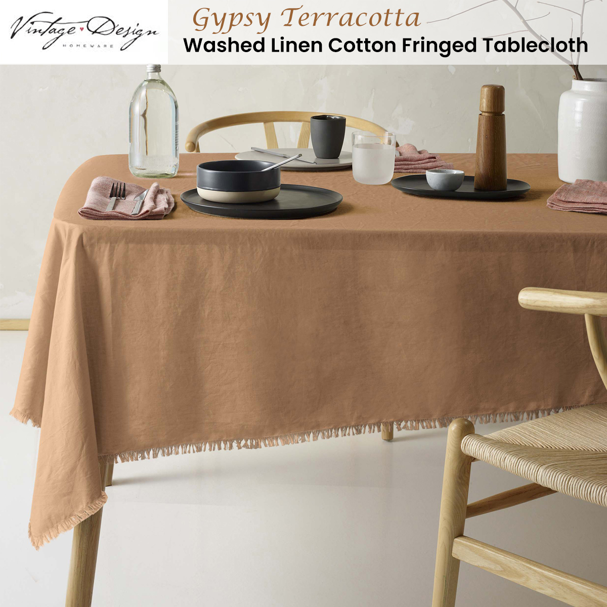 Vintage Design Homewares Gypsy Terracotta Fringed Washed Linen Cotton Tablecloth 130cm x 180cm โ image 2