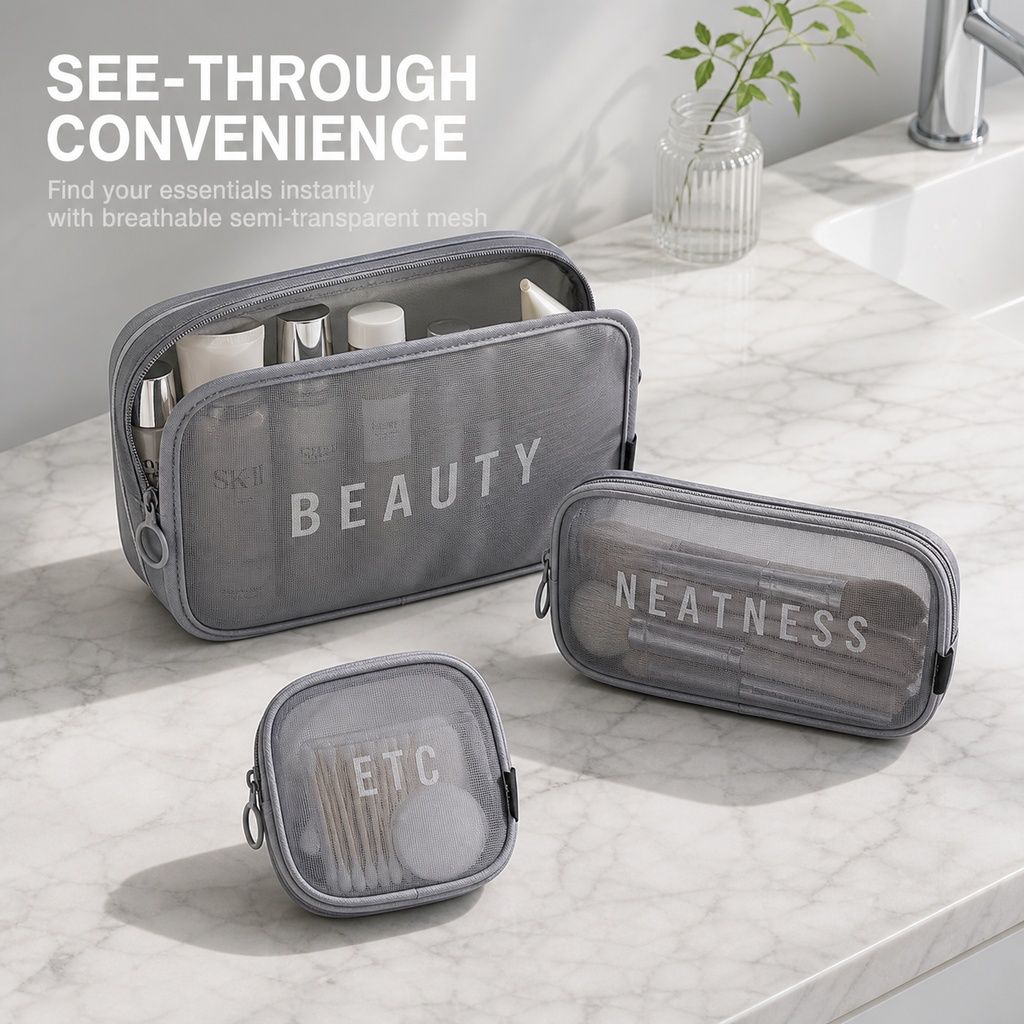 Korean Mesh Makeup Bag 3-Pack Set - Transparent Travel Toiletry Organizer Kit with Small Medium Large Sizes - Cosmetic Storage Bags โ image 4
