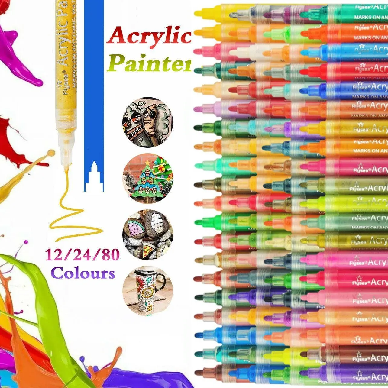 Flysea 12-80 Colours Acrylic Paint Pens Painting Stone Ceramic Glass Markers 0.7 - 12-Colour Set — image 2