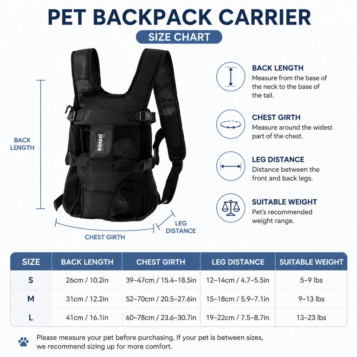 Blue Hands Free Adjustable Dog Carrier Backpack with 3-Point Support, Reserved Tail Opening and Wide Padded Straps - Chest & Back Dual Use, Breathable on Both — image 2