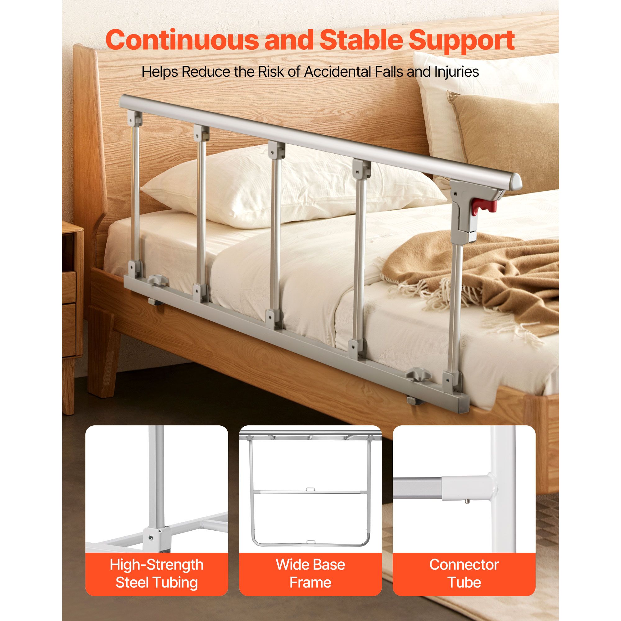 Foldable Bed Rail for Elderly, 122 cm Bedside Assist Rail with Fixing Strap, Adjustable Height Pipe Bedside Cane, High-Strength Metal Senior Bed Bar, Hand — image 3