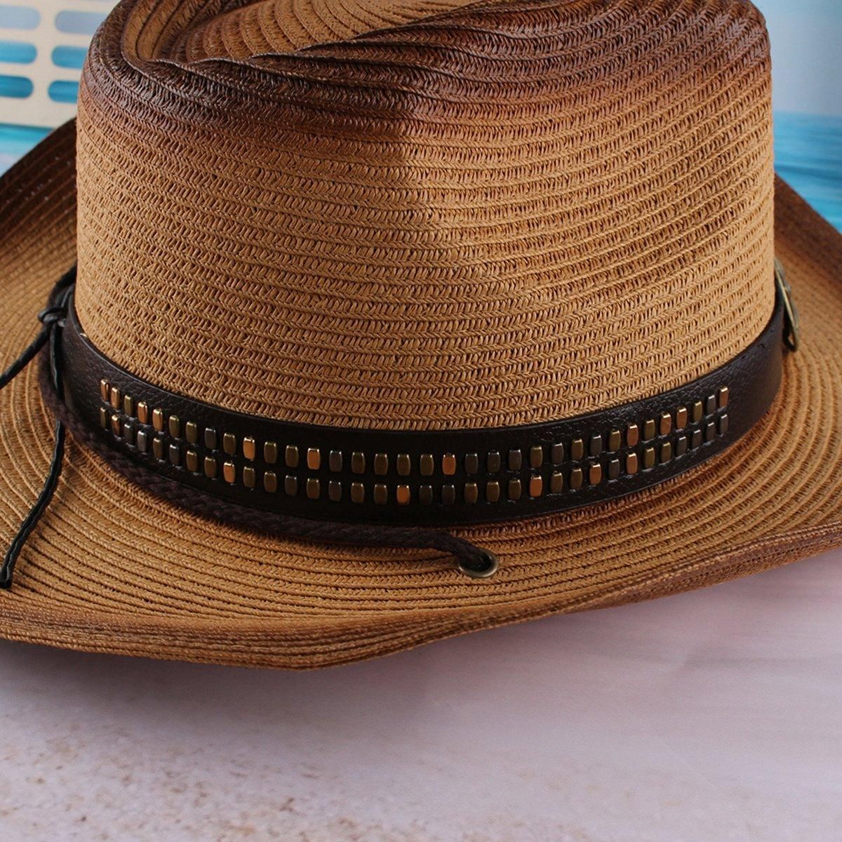 Outdoor Western Cowboy Hat Unisex Straw Hat Visor Hats Big Wide Brim Hat Summer - Khaki — image 6