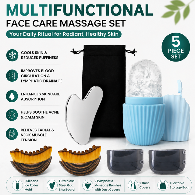 Multifunctional Skincare & Massage Kit with 80ml Blue Silicone Facial Ice Roller, Stainless Steel Heart-Shaped Gua Sha Board, 2 Pack Lymphatic Drainage Massage