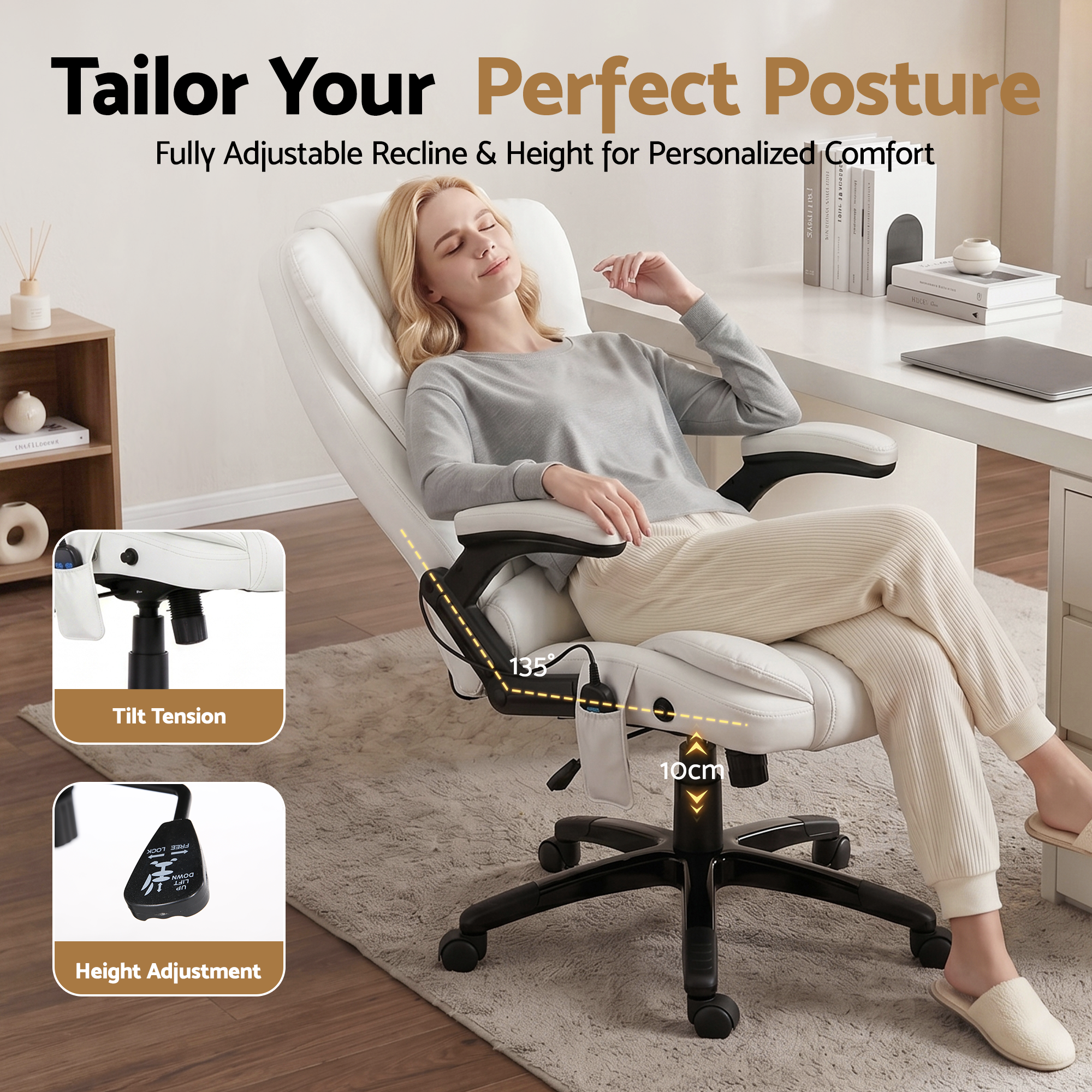 Artiss 8 Point Massage Office Chair Heated Seat Recliner PU White — image 5