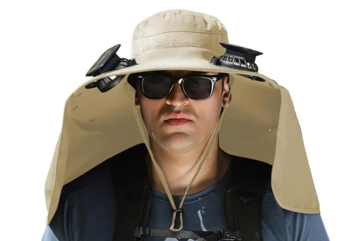 Outdoor Wide Brim Sun Hat With 2 Solar Fans Fishing And Beach Hat With Built In Fan -Khaki