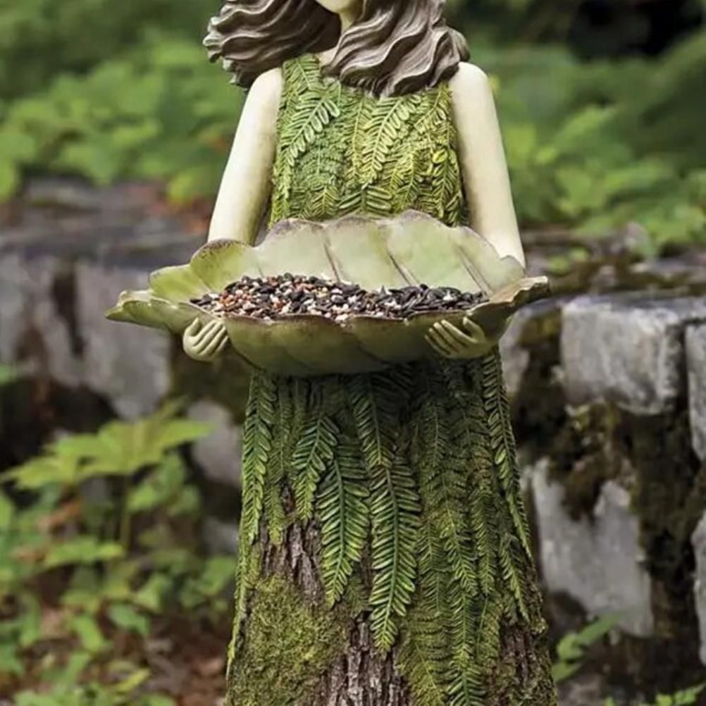 Fairy Garden Statue with Bird Feeder Lawn Resin Ornaments Garden Art Sculptures for Outdoor Decorations — image 4