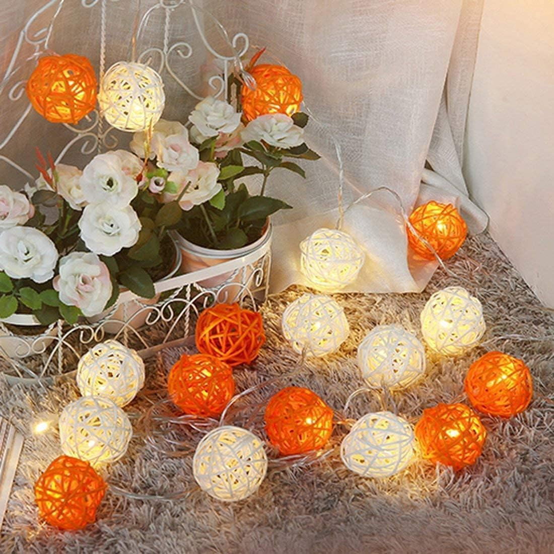 1 Set of Orange n White 5cm Rattan Cane 20 Ball Battery Powered 3m String Lights Christmas Gift Home Wedding Party Bedroom Decoration Table