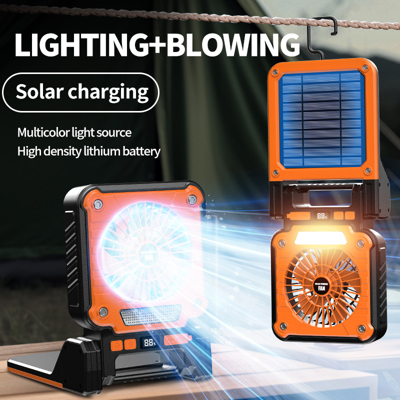 Solar & USB Rechargeable Camping Fan with LED Light - Portable Power Bank, 180° Collapsible(Orange) — image 2