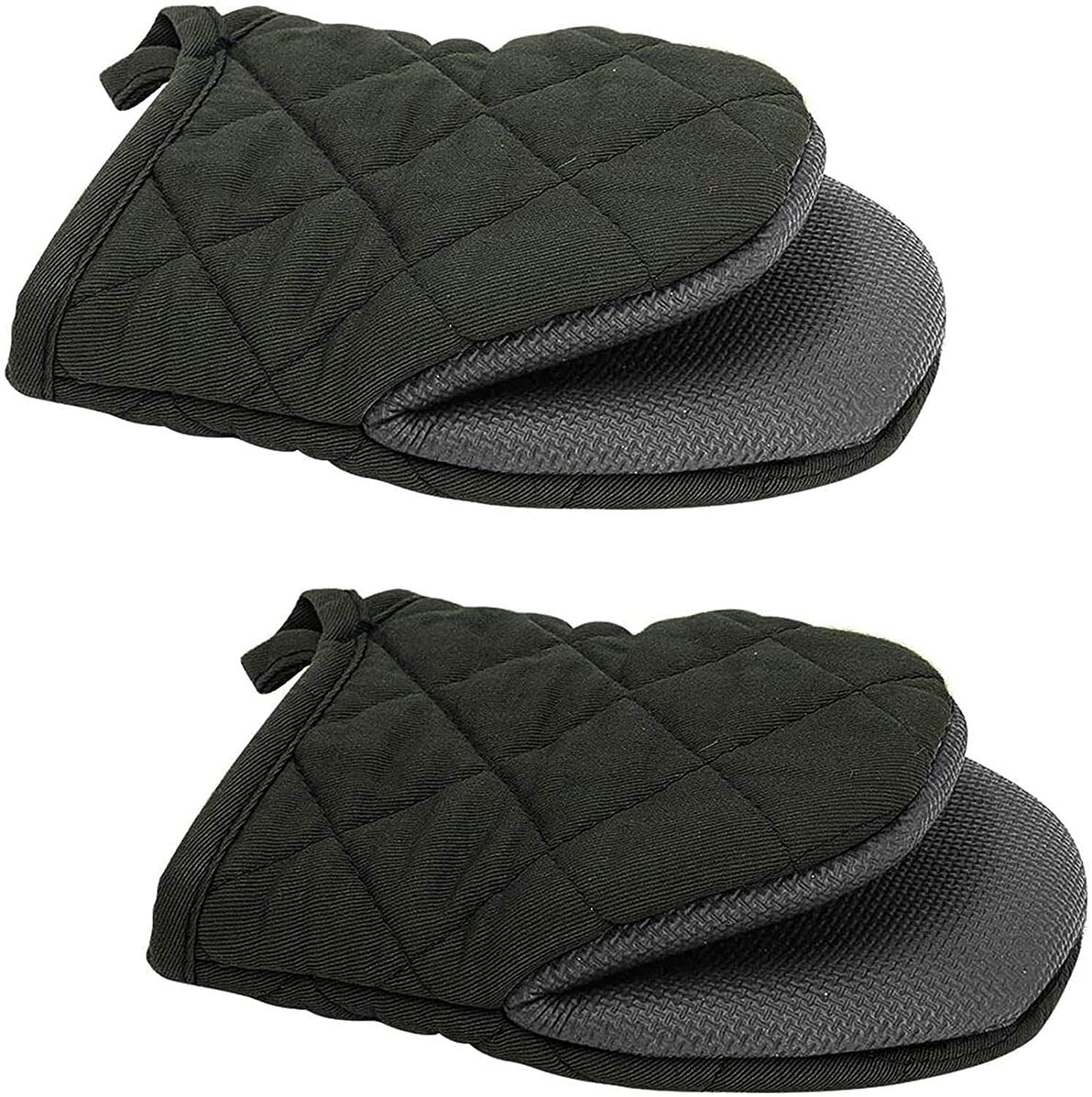 Black Heat Resistant Oven Mitts Set 1 Pair and 4 Pot Holders Quilted Cotton Kitchen Heat Protection Gloves and Pads Silver Coated Non Slip Baking Cooking — image 2