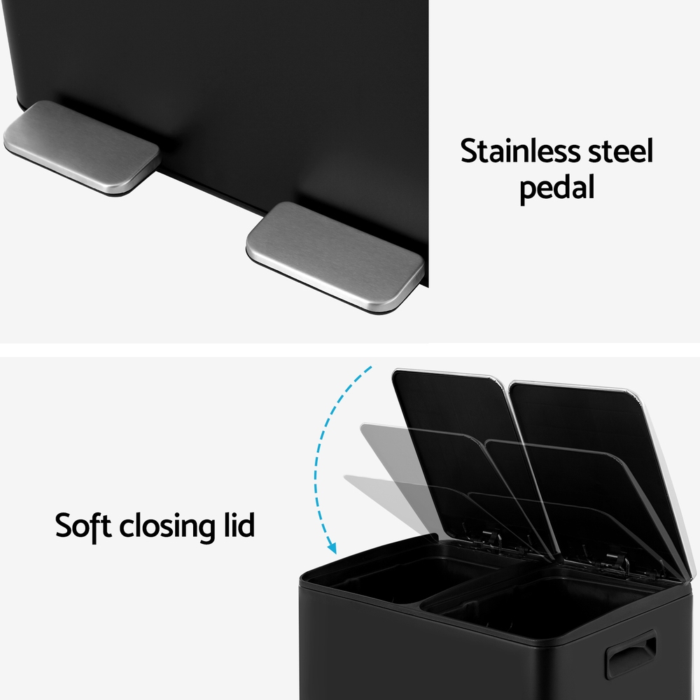Cefito Pedal Bins Rubbish Bin Dual Compartment Waste Recycle Dustbins 60L Black โ image 6