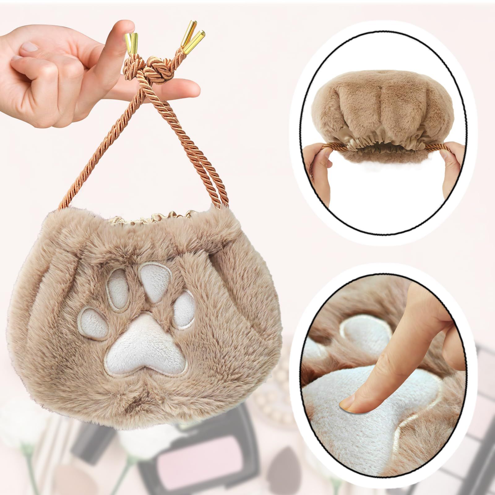 Cute Small Makeup Bag, Cat Makeup Organizer, Plush Cat Paw Pouch, Funny Cat Mom Gifts for Women, Drawstring Cosmetic (Brown) โ image 3