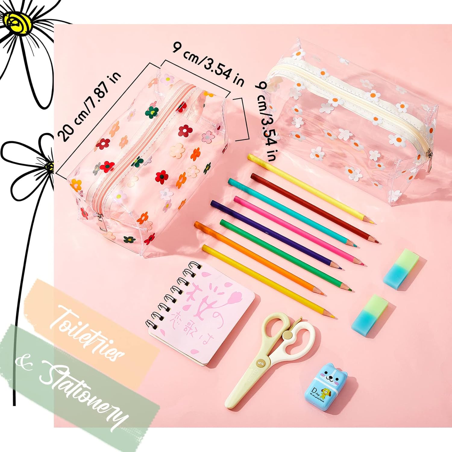 Amylove 2 Pack Cute Flower Makeup Bags Daisy Zipper Pouches Floral Pencil Pouch Portable Toiletry Pouches for Women Travel Vacation Bathroom School