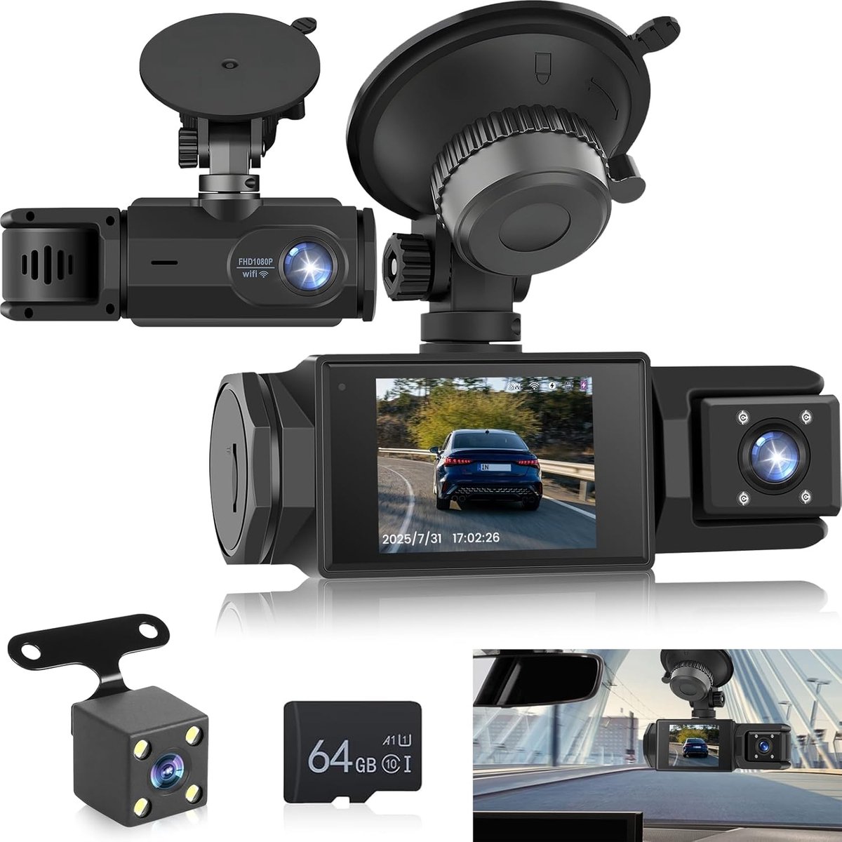 WiFi Car Dash Cam – 3-Channel Wireless Camera with App, Front, Interior, and Rear Cameras, Full HD 1080p, 2-inch IPS Screen, Night Vision, Motion Detection